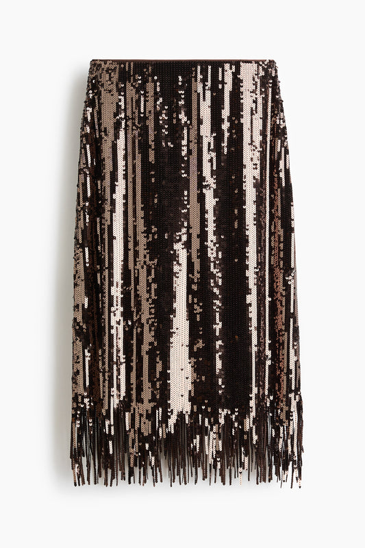 Fringe-trimmed sequined skirt