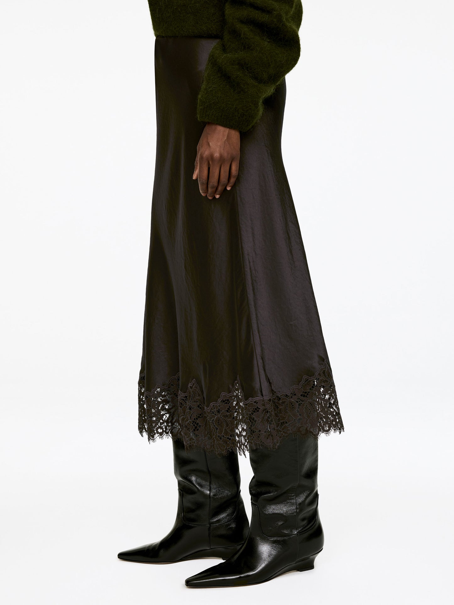 Lace-Detail Satin Skirt