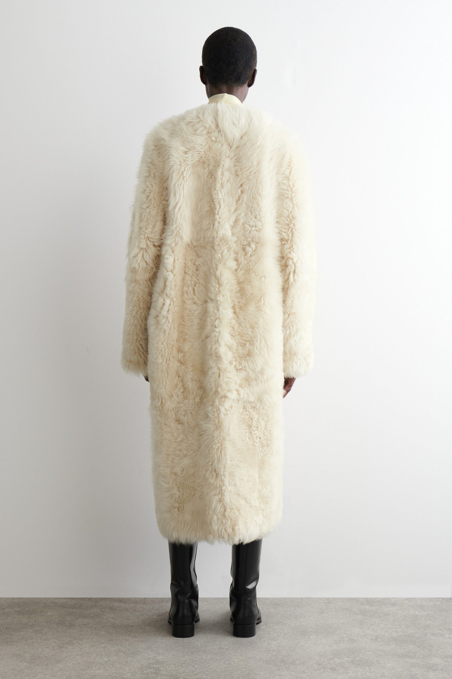 Collarless Shearling Coat