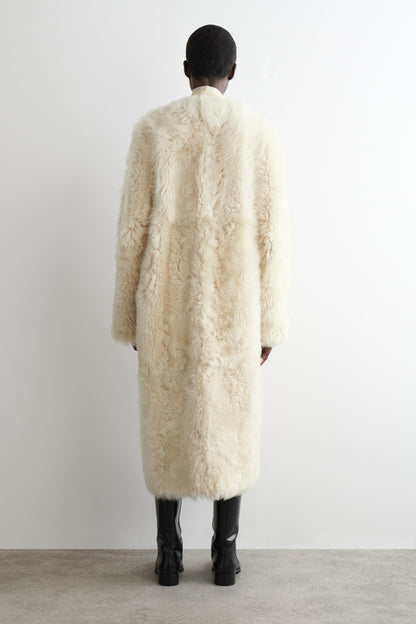Collarless Shearling Coat