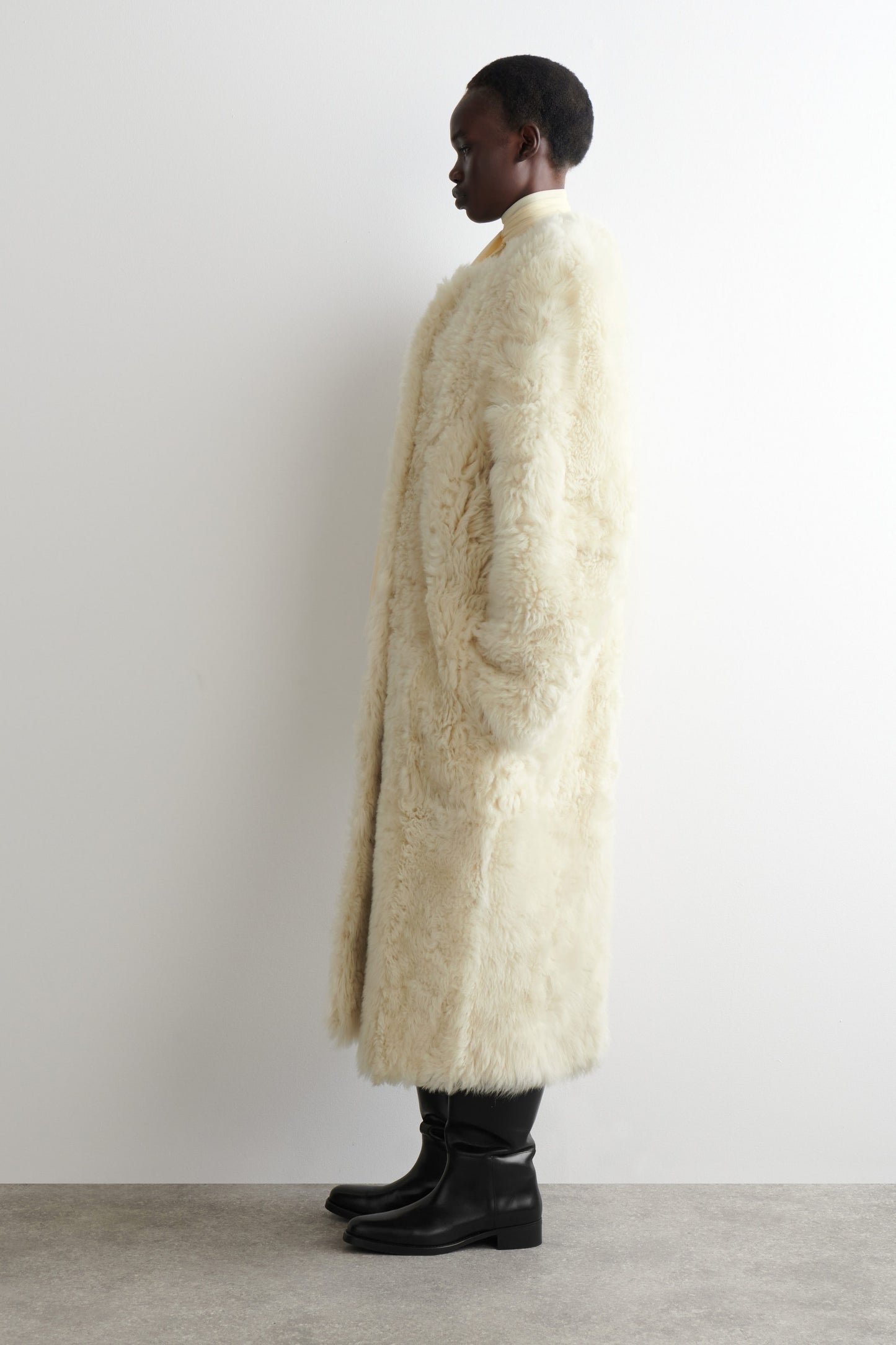 Collarless Shearling Coat