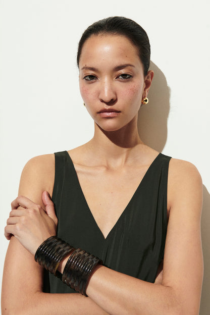 Gathered pleated V-neck maxi dress