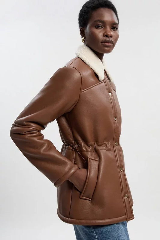 Faux Fur Collar Waisted Coat