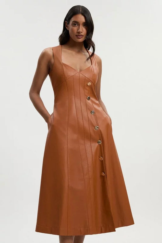 Faux Leather Button Detail Sleeveless Midi Dress
