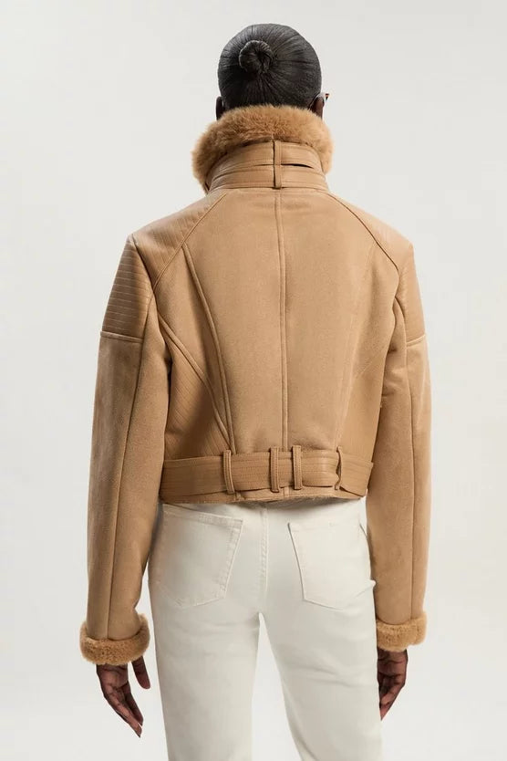 Faux Shearling Crop Biker Jacket