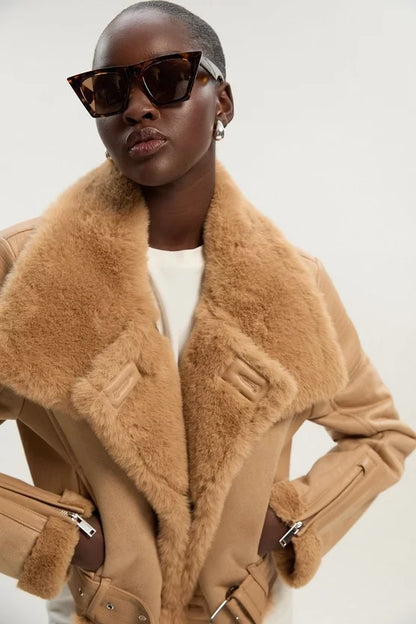 Faux Shearling Crop Biker Jacket