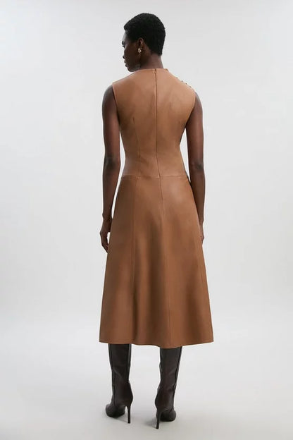 Leather Asymmetric Neck Full Skirt Midi Dress