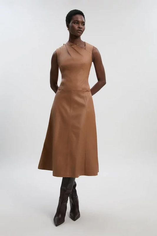 Leather Asymmetric Neck Full Skirt Midi Dress