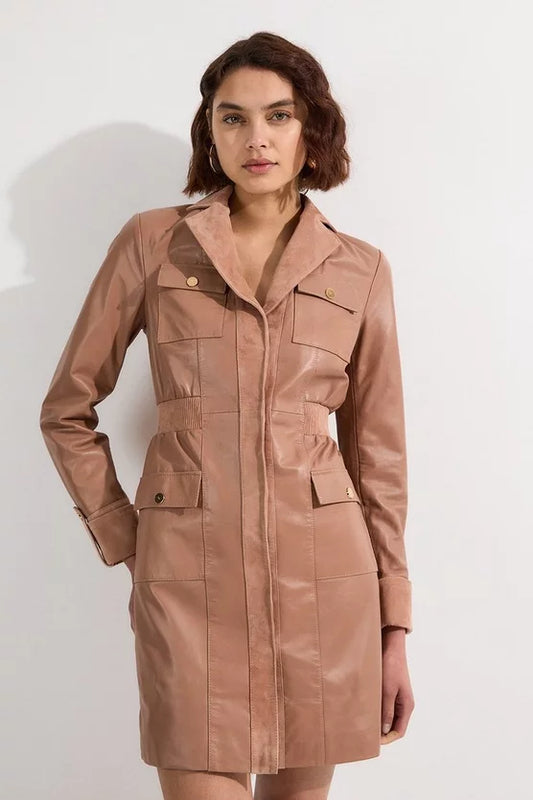 Suede & Leather Button Through Mini Dress