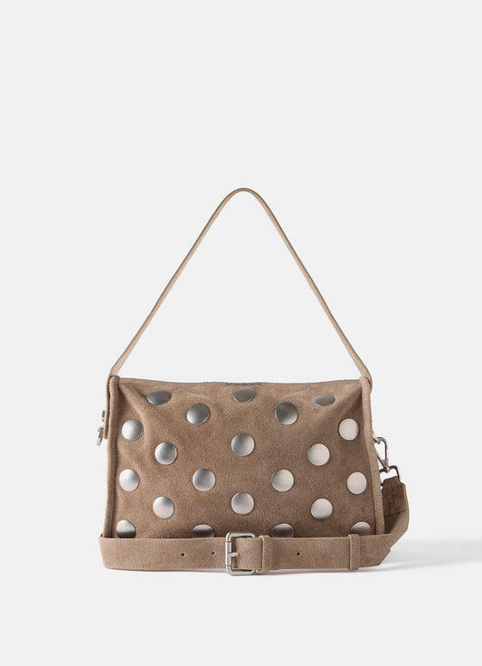 Neutral Suede Studded Shoulder Bag