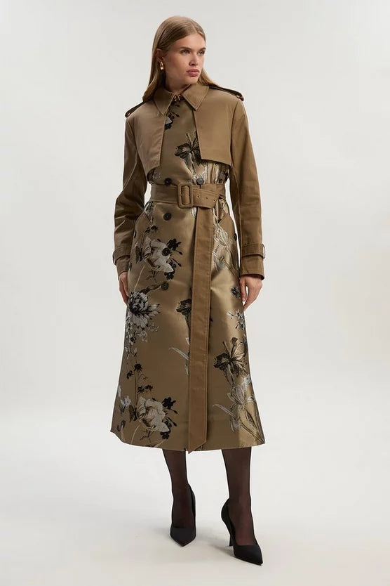 Tailored Jacquard Mix Trench Midi Coat