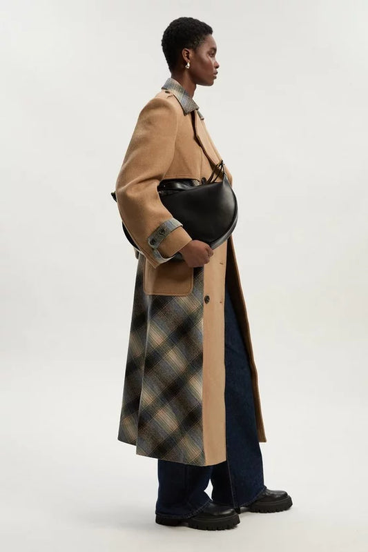 Wool Check Tailored Belted Trench Midi Coat