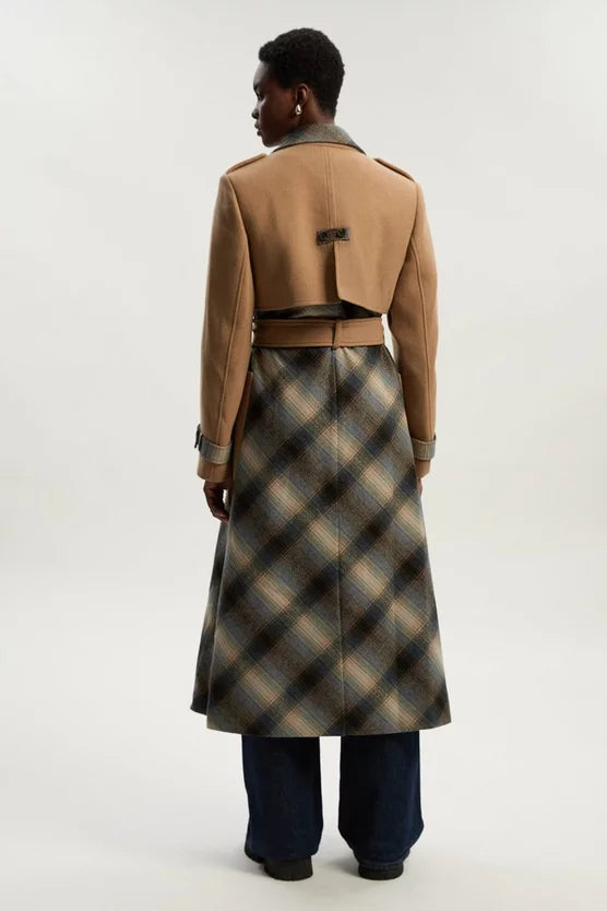 Wool Check Tailored Belted Trench Midi Coat