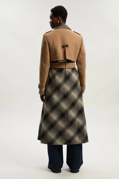 Wool Check Tailored Belted Trench Midi Coat