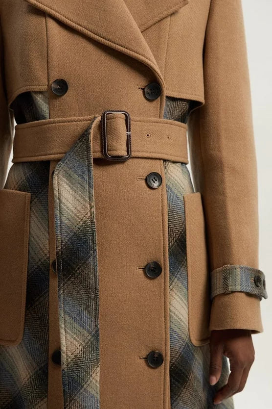 Wool Check Tailored Belted Trench Midi Coat