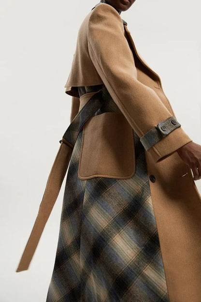 Wool Check Tailored Belted Trench Midi Coat