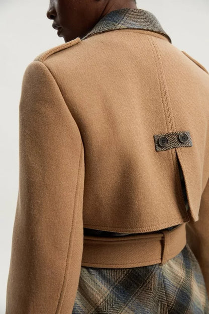 Wool Check Tailored Belted Trench Midi Coat