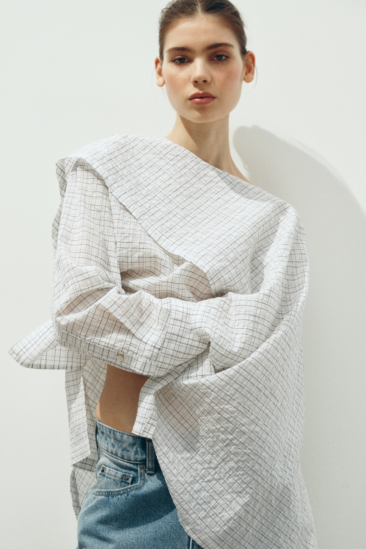 Cape-detail seersucker blouse