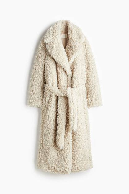 Fluffy tie-belt coat