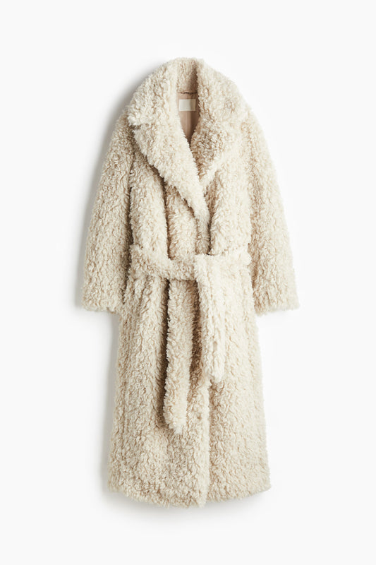 Fluffy tie-belt coat