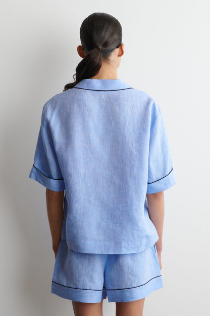 Contrast-piped linen resort shirt