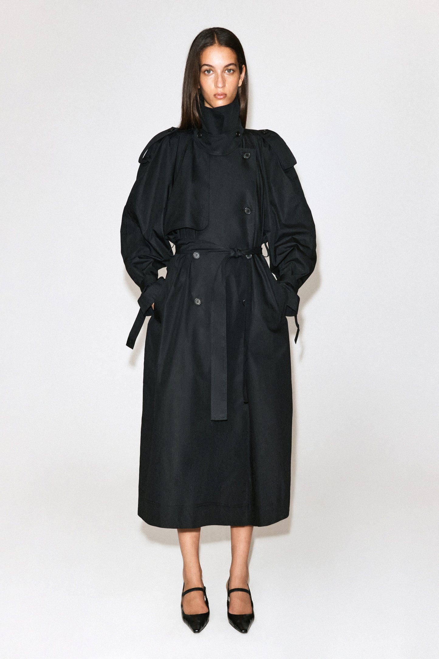 Funnel-Neck Cotton Trench Coat