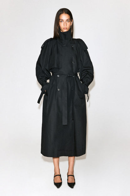 Funnel-Neck Cotton Trench Coat