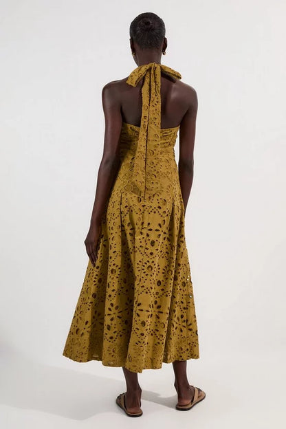 Cotton Broderie Halterneck Woven Maxi Dress