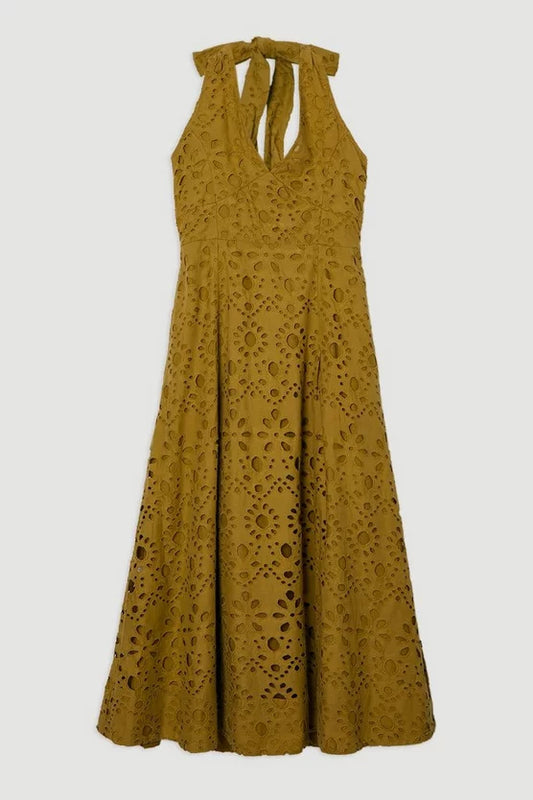 Cotton Broderie Halterneck Woven Maxi Dress