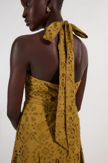 Cotton Broderie Halterneck Woven Maxi Dress