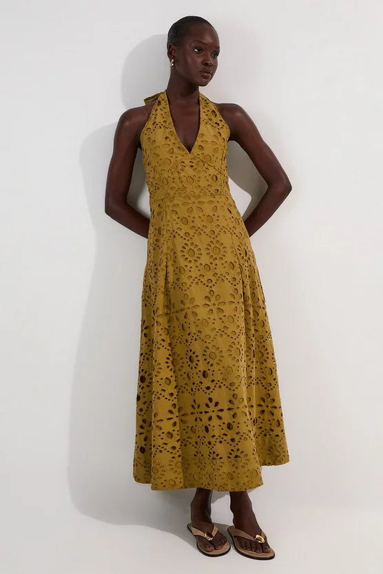 Cotton Broderie Halterneck Woven Maxi Dress