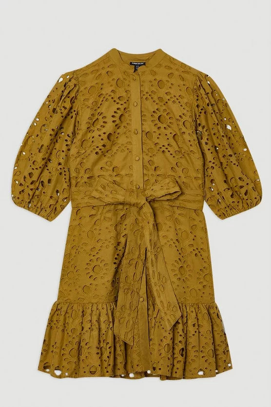 Cotton Broderie Woven Tie Waist Mini Dress