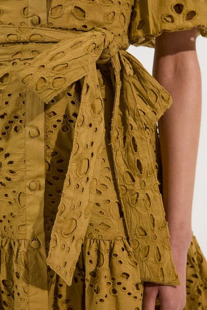 Cotton Broderie Woven Tie Waist Mini Dress