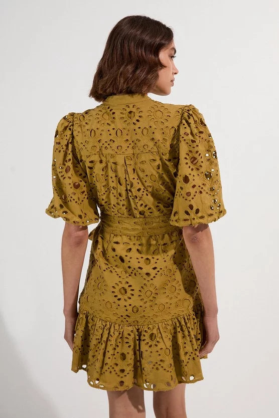 Cotton Broderie Woven Tie Waist Mini Dress