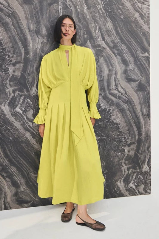 Pleated Neck Tie Detail Woven Maxi Dress