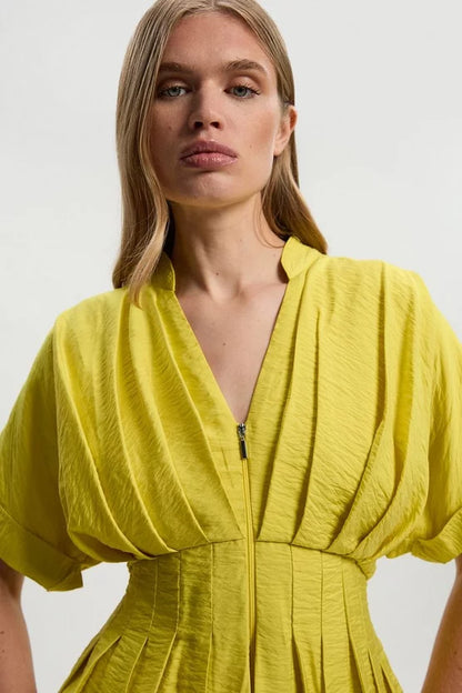 Pleated Neck Tie Detail Woven Short Sleeve Shirt