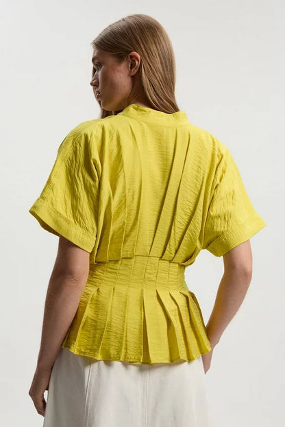 Pleated Neck Tie Detail Woven Short Sleeve Shirt