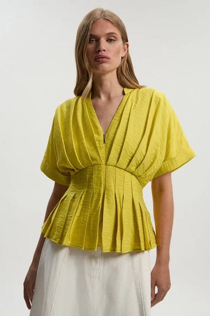 Pleated Neck Tie Detail Woven Short Sleeve Shirt
