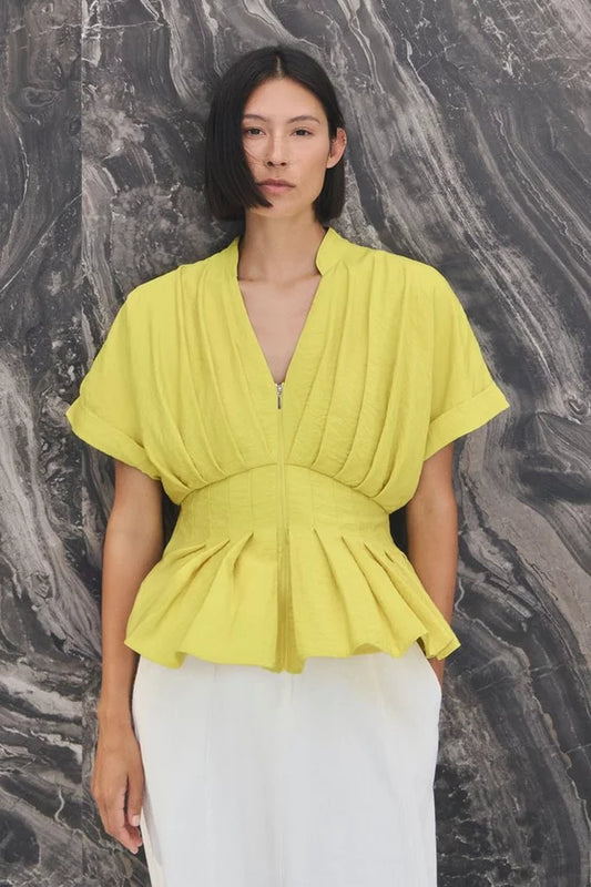 Pleated Neck Tie Detail Woven Short Sleeve Shirt
