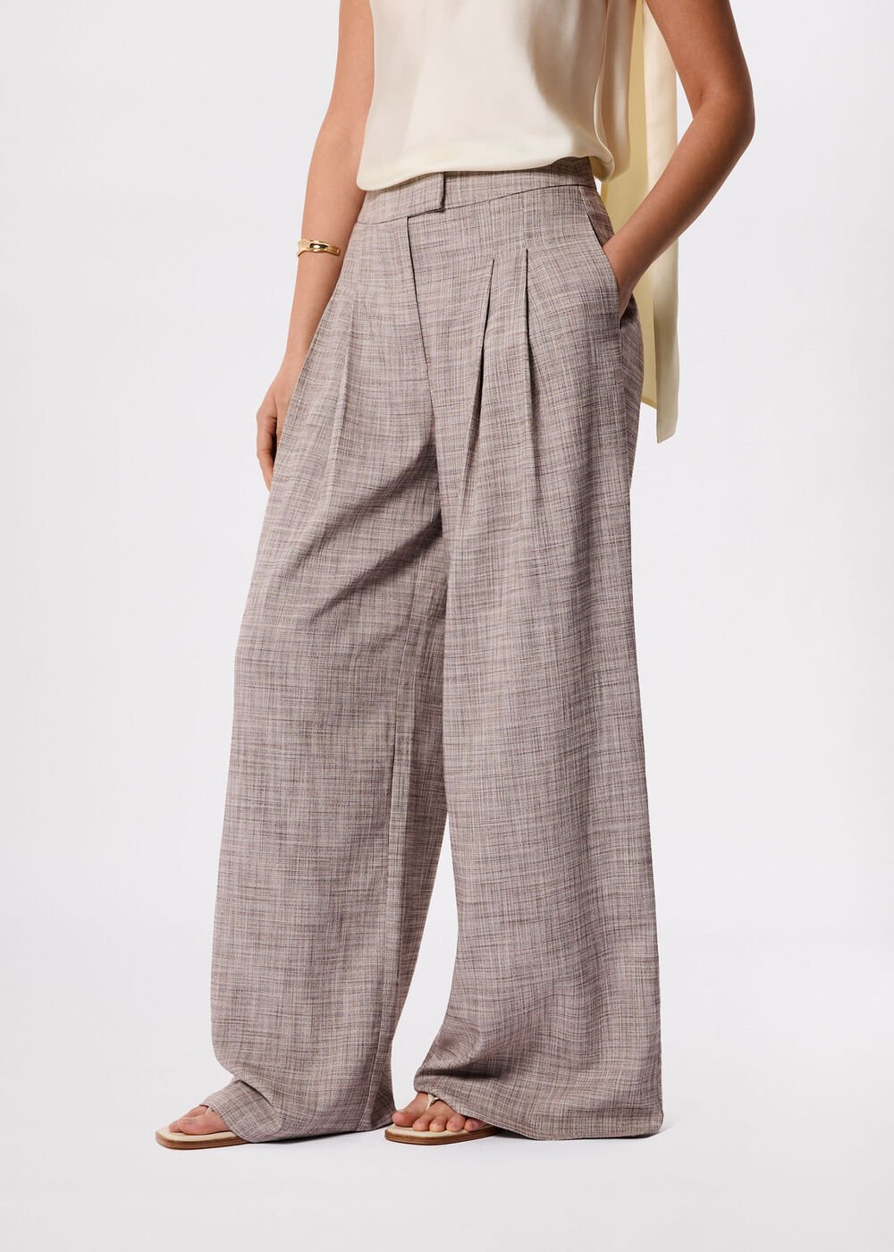 Grey/Multi Check Pleat Wide Leg Trousers
