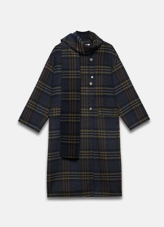 Navy Check Hand Finished Scarf Detail Coat
