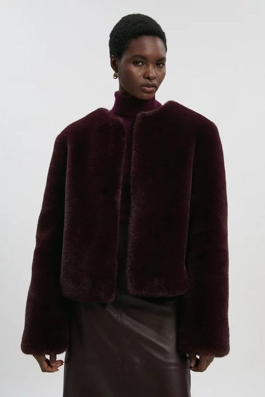 Collarless Faux Fur Jacket