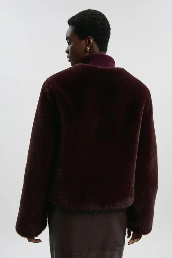 Collarless Faux Fur Jacket