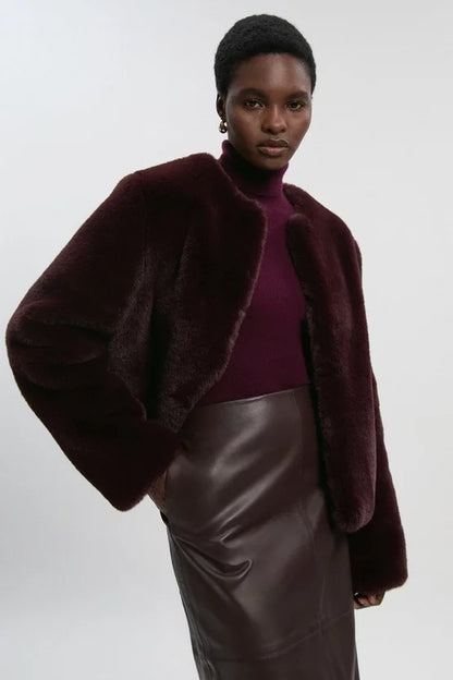 Collarless Faux Fur Jacket