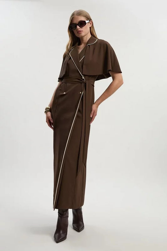 Contrast Tipping Tie Waist Short Sleeve Woven Trench Midi Dress