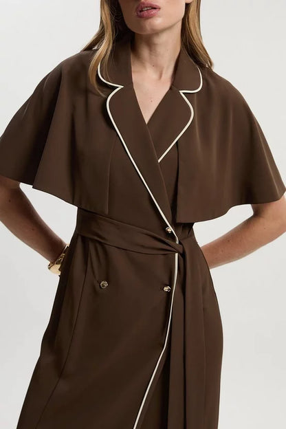 Contrast Tipping Tie Waist Short Sleeve Woven Trench Midi Dress