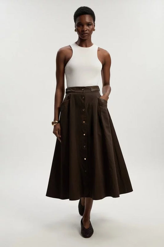 Cotton & Faux Leather Tab Full Maxi Skirt