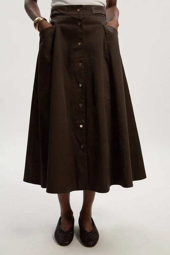 Cotton & Faux Leather Tab Full Maxi Skirt