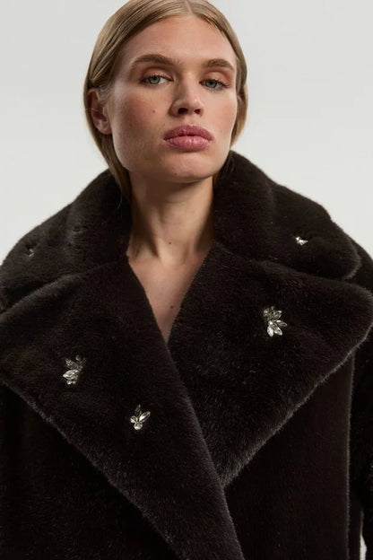 Crystal Embellished Faux Fur Long Coat