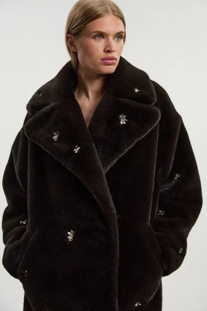 Crystal Embellished Faux Fur Long Coat